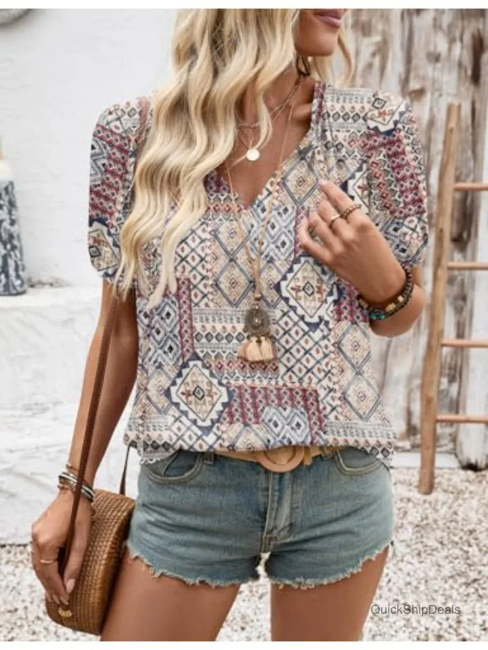 Boho Peasant Blouse Puff Sleeve V Neck Tie Front Tunic Soft Rayon Short Sleeve